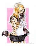  anthro belly black_nose blonde_hair blue_eyes breasts cayleth cayleth_(character) clothes_pull clothing female hair hand_on_face hyena long_hair looking_at_viewer mammal markings nipples nude pants pose scan shorts shy socks_(marking) solo spots spotted_hyena standing teasing topless traditional_media 