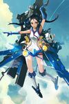  andrian_gilang bad_id bad_pixiv_id black_eyes black_hair cloud day gloves highres long_hair mecha open_mouth original sky solo twintails 
