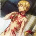  blonde_hair bunbun cup earrings fate/extra fate/extra_ccc fate_(series) food fruit gilgamesh goblet highres jewelry male_focus navel necklace nude red_eyes solo tattoo wet 