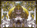  1girl blonde_hair breasts bright_pupils brown_gloves cardinal_(ragnarok_online) cleavage closed_mouth commentary_request diamond_(gemstone) dress expressionless fingerless_gloves forehead_jewel gloves golden_wings grey_background grey_dress grey_gemstone head_wings highres large_breasts long_hair looking_at_viewer love_morocc multiple_views own_hands_together ragnarok_online short_bangs translation_request upper_body white_pupils wings yellow_eyes 