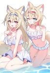  2girls :3 ;3 animal_ear_fluff animal_ears bandaid bandaid_hair_ornament bikini bikini_skirt blonde_hair blue_eyes blue_hair blue_hairband breasts cleavage collarbone commentary dog_ears dog_girl dog_tail flat_chest fuwawa_abyssgard hair_between_eyes hair_ornament hairband highres hololive hololive_english horn_hairband kneeling large_breasts long_hair looking_at_viewer midriff mococo_abyssgard multicolored_hair multiple_girls navel ocean one_eye_closed open_mouth pink_eyes pink_hair pink_hairband seiza short_hair siblings simple_background sisters sitting smile streaked_hair swimsuit tail twins two_side_up virtual_youtuber white_background white_bikini x_hair_ornament zenshin 