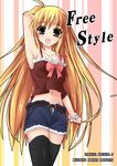  belt blonde_hair casual denim denim_shorts eikichi_(mujirushi_shounen) fate_testarossa long_hair lyrical_nanoha mahou_shoujo_lyrical_nanoha midriff open_fly shorts solo thighhighs unzipped very_long_hair 