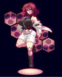  1girl belt black_background black_footwear black_shirt breasts collared_shirt drum drum_set full_body horikawa_raiko instrument large_breasts leg_up mmmmatimmmmati navel necktie pixel_art plaid plaid_shirt purple_necktie red_eyes red_hair shirt short_hair simple_background skirt sleeveless sleeveless_shirt solo touhou vest white_skirt white_vest 