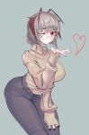  1girl absurdres antenna_hair arknights breasts demon_horns glasses grey_hair highres horns large_breasts looking_at_viewer nail_polish red_eyes short_hair simple_background smile solo sweater turtleneck turtleneck_sweater user_fhau3743 w_(arknights) 