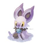  animal_focus artist_name bat_(animal) berry_(pokemon) colored_skin commentary_request highres iwasi_29 no_humans noibat on_grass oran_berry pokemon pokemon_(creature) purple_skin simple_background sitting twitter_username white_background wings yellow_eyes 