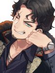  1boy amayado_rei beard black_hair chain_necklace facial_hair green_eyes grin hand_on_own_cheek hand_on_own_face highres hypnosis_mic hypnosis_mic:_rule_the_stage jacket jewelry kishinaito looking_at_viewer male_focus multiple_necklaces mustache necklace one_eye_closed parted_bangs pectoral_cleavage pectorals scar scar_across_eye scar_on_face short_hair smile upper_body v-shaped_eyebrows watch wavy_hair wristwatch 