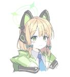  1girl animal_ear_headphones animal_ears blonde_hair blue_archive blue_necktie blush closed_mouth collared_shirt fake_animal_ears green_eyes green_halo halo headphones jacket looking_at_viewer midori_(blue_archive) necktie sanz_zzz shirt short_hair simple_background smile solo upper_body white_background white_jacket white_shirt 