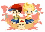  2boys baseball_cap black_hair blonde_hair blush_stickers chibi closed_mouth cloud cup doseisan drinking flower hat hitofutarai holding holding_cup lucas_(mother_3) male_focus mother_(game) mother_2 mother_3 multiple_boys ness_(mother_2) red_flower red_headwear shirt sitting_on_tree_stump smile solid_oval_eyes striped striped_shirt tree_stump white_background 