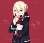  1girl ahoge artoria_pendragon_(fate) black_jacket blonde_hair braid fate/grand_order fate_(series) food glasses hair_between_eyes holding holding_food hood hooded_jacket jacket kanitama_(putyourhead) long_sleeves looking_at_viewer mysterious_heroine_x_alter_(fate) red_background red_scarf round_eyewear scarf short_hair sidelocks simple_background solo taiyaki upper_body wagashi yellow_eyes 