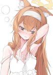  1girl amaton707 animal_ear_fluff animal_ears armpits blue_archive blue_eyes blush camisole closed_mouth collarbone halo long_hair mari_(blue_archive) orange_hair simple_background solo white_background white_camisole yellow_halo 