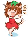  1girl :d animal_ear_fluff animal_ear_piercing animal_ears arms_up black_footwear blush bow bowtie brown_eyes brown_hair cat_ears cat_tail chen chibi commentary_request earrings fang frills full_body green_headwear hair_between_eyes happy hat jewelry long_sleeves looking_at_viewer mob_cap multiple_tails nekomata no_socks notice_lines petticoat puffy_long_sleeves puffy_sleeves red_skirt red_vest shadow shiromamekei shoes short_hair simple_background single_earring skirt skirt_set smile solo standing standing_on_one_leg tail touhou two_tails v-shaped_eyebrows vest white_background white_bow white_bowtie 