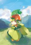  artist_name blue_sky bright_pupils cloud colored_skin crown falling_leaves flower glint highres leaf lilligant mountain no_humans on_grass pokemon pokemon_(creature) red_eyes rongai28 sky twitter_username white_skin 