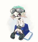  1boy black_footwear bucket closed_mouth fireblast frown full_body goggles goggles_on_head green_hair highres inkling inkling_girl pink_eyes pointy_ears shoes short_hair simple_background sitting solo splatoon_(series) splatoon_3 tentacle_hair tri-slosher_(splatoon) weapon white_background 