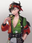  1boy ahoge arknights bird bird_on_hand bird_request bishounen black_hair bryophyta_(arknights) cogh0910 cowboy_shot dyed_ahoge headband highres id_card jacket partially_unbuttoned pectoral_cleavage pectorals short_hair smile solo 