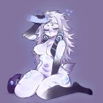 anthro blue_markings bovid breasts caprine cloven_hooves disembodied_hand eyes_closed featureless_breasts female fredek666 fur fur_markings hair hand_on_head headpat hi_res hooves kindred_(lol) kneeling knock-kneed lamb_(lol) league_of_legends mammal markings mask nude petting_head riot_games sheep simple_background solo white_body white_fur white_hair