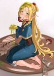  1girl absurdres barefoot blonde_hair blush braid breasts chuck_(harfmoondark) dungeon_meshi elf feet food_in_mouth green_eyes highres long_hair looking_at_viewer marcille_donato mushroom mushroom_slice pointy_ears pouch shoes sitting slime_(substance) soles solo sweat unworn_shoes very_long_hair yokozuwari 