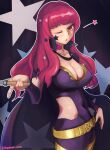  1girl ;o absurdres belt black_cape blowing_kiss bodysuit breasts cape choker cleavage clothing_cutout facial_mark fire_emblem fire_emblem_engage hair_ornament happinessova highres large_breasts long_hair looking_at_viewer one_eye_closed open_mouth red_eyes red_hair solo star_(symbol) star_facial_mark star_hair_ornament yunaka_(fire_emblem) 