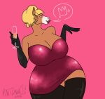 alcohol alcoholic_drink anthro armwear beverage big_breasts black_clothing black_legwear black_thigh_highs blonde_hair breasts brown_body brown_fur clothed clothing clothing_lift crown dress ear_piercing ear_ring elbow_gloves equid equine female fur gloves hair handwear headgear hi_res hoop_ear_ring horse legwear mammal piercing pink_clothing rattdawg ring_piercing simple_background solo_focus speech_bubble thick_thighs thigh_highs