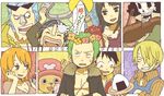  6+boys afro black_hair blue_hair bottle breasts brook chain_necklace cigarette cleavage compass copyright_name earrings everyone eyelashes eyewear_on_head flower food franky green_hair hair_over_one_eye hand_on_own_face hat instrument jewelry laughing lips long_nose medium_breasts monkey_d_luffy multiple_boys multiple_girls nami_(one_piece) nico_robin one_piece onigiri orange_hair pink_hat roronoa_zoro sanji scar short_hair skeleton smile smoking sunglasses tony_tony_chopper upper_body usopp violin wreath yukke 