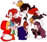  3boys 4girls akazukin_chacha apron black_hair black_pants blank_eyes blue_hair braid brown_hair camera cardcaptor_sakura chacha_(akazukin_chacha) crossover daidouji_tomoyo grimace holding holding_camera jingle_(dlstmv_787) kero kettle kicking kinomoto_sakura korean_text multiple_boys multiple_girls open_mouth pants ranma-chan ranma_1/2 red_hair red_hood riiya_(akazukin_chacha) saotome_ranma shiine_(akazukin_chacha) skirt speech_bubble spoken_star star_(symbol) translation_request video_camera waist_apron white_background white_skirt 