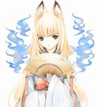  animal_ears blonde_hair blue_eyes fan folding_fan fox_ears houden_eizou japanese_clothes long_hair miko solo tenko_kuugen wagaya_no_oinari-sama 