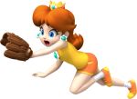  1girl :d baseball_mitt blue_eyes breasts brown_hair crown earrings flower_earrings full_body highres jewelry mario_(series) mario_superstar_baseball medium_breasts official_alternate_costume official_art open_mouth orange_shorts princess_daisy shirt short_shorts shorts sleeveless sleeveless_shirt smile solo sportswear tennis_daisy transparent_background 