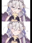  1girl absurdres armor black_gloves blue_eyes closed_eyes double_bun eating gloves grey_hair hair_bun hair_ornament highres kusa_(168_2) long_hair mole mole_under_eye multiple_views nijisanji nijisanji_en open_mouth shoulder_armor tassel tassel_hair_ornament victoria_brightshield x_hair_ornament 