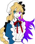  1girl apron blonde_hair blue_dress blue_sleeves braid collar collared_dress dress dual-personality_maid_amy frilled_apron frills green_eyes guardian_tales hat heterochromia highres juliet_sleeves long_hair long_sleeves looking_at_viewer maid mob_cap multicolored_hair nervous_smile open_mouth puffy_sleeves purple_eyes purple_hair simple_background single_braid smile solo split_theme sweat teeth tiankong_yiji two-tone_hair upper_body very_long_hair white_apron white_background white_collar white_headwear 