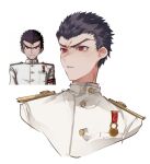  1boy black_hair breast_pocket buttons cropped_torso danganronpa:_trigger_happy_havoc danganronpa_(series) highres ishimaru_kiyotaka long_sleeves multiple_views pocket red_eyes short_hair simple_background teeth white_background yochilyee 