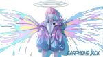  1girl absurdres angel angel_wings bare_legs black_undershirt blue_eyes blue_hair blue_halo colored_inner_hair copyright_request earbuds earphones english_commentary english_text halo heart highres jacket light_blue_hair light_blue_jacket long_hair looking_at_viewer mnetyara multicolored_hair multicolored_wings open_clothes open_jacket original pink_hair pink_jacket shirt single_bare_shoulder sleeves_past_fingers sleeves_past_wrists smile solo standing white_shirt wings 