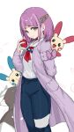  1girl :&lt; :d absurdres blue_pants brown_eyes closed_mouth collared_shirt excadrill hair_ornament hairclip hand_up highres holding holding_poke_ball jacket lacey_(pokemon) long_sleeves looking_at_viewer minun open_clothes open_jacket pants plusle poke_ball poke_ball_(basic) pokemon pokemon_(creature) pokemon_sv puffy_long_sleeves puffy_sleeves purple_hair purple_jacket ranf shirt simple_background sleeves_past_wrists smile thick_eyebrows white_background white_shirt 