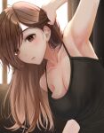  1girl absurdres arm_up armpits black_camisole blush breasts brown_hair camisole daiko_(dai1974910) highres idolmaster idolmaster_cinderella_girls indoors looking_at_viewer looking_to_the_side medium_breasts nitta_minami presenting_armpit solo upper_body 