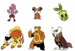  :d bird black_eyes bright_pupils brown_eyes claws clenched_hands closed_mouth frown hands_up no_humans noctowl open_mouth parted_lips pokemon pokemon_(creature) raikou simple_background smile sunkern teddiursa tusks tyako_089 tyrogue ursaring white_background white_pupils 