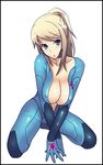  artist_request blonde_hair blue_eyes bodysuit breasts cleavage covered_nipples large_breasts metroid open_clothes open_shirt ponytail samus_aran shirt solo zero_suit 
