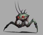  absurdres antennae bug full_body glowing glowing_eyes grey_background grub_grub highres hoarding_bug_(lethal_company) holding lethal_company no_humans red_eyes screw shadow simple_background solo standing 