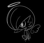  1girl a_(pixiv_72325308) angel arms_at_sides bags_under_eyes black_background black_theme bob_cut broken chinese_commentary commentary_request cropped_torso detached_wings flat_chest gardevoir greyscale hair_over_one_eye halo lineart mini_wings monochrome one_eye_covered pokemon pokemon_(creature) sad short_hair simple_background sketch solo tears upper_body wings 
