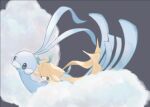  altaria beak bird_tail black_eyes blue_skin cloud colored_skin commentary_request facial_mark fireblast fluffy grey_background highres jirachi no_humans pokemon pokemon_(creature) simple_background tail tanzaku white_skin wings 