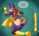  absurdres barbara_gordon batgirl batman_symbol belt blush cape dc_comics dc_super_hero_girls deviantart embarrassed highres imsomethingradical non-web_source panties plant print_panties speech_bubble torn_clothes underpants underwear unworn_belt utility_belt vines yellow_cape 