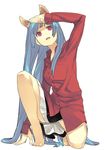  animal_ears bad_id bad_pixiv_id barefoot blue_hair hama_(22ji_kara_24ji) highres long_hair one_knee original red_eyes shading_eyes solo very_long_hair 