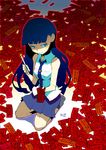  blue_eyes blue_hair hamamoto_ryuusuke long_hair necktie original pen sitting skirt smile socks solo translated yandere 