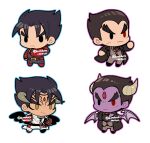  4boys bandages black_coat black_hair black_wings blue_outline chain chibi coat colored_skin crossed_arms devil_jin facial_mark forehead_jewel full_body gloves grey_horns grey_jacket grey_pants highres horns jacket kazama_jin kotorai mishima_kazuya multiple_boys no_nose outline pants pink_outline purple_skin purple_wings red_eyes red_gloves solid_oval_eyes studded_gloves tekken thick_eyebrows third_eye twitter_username v-shaped_eyebrows white_background wings yellow_eyes 