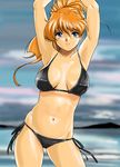  armpits arms_up bikini blonde_hair blue_eyes excellen_browning shiny shiny_skin shu-z solo super_robot_wars swimsuit 