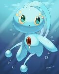  :o antennae artist_name blue_skin bubble chest_jewel colored_skin commentary_request green_eyes highres iwasi_29 manaphy no_humans open_mouth pokemon pokemon_(creature) sunlight twitter_username underwater water 