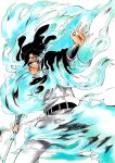  1boy bankai belt black_belt black_cape black_hair bleach bleach:_sennen_kessen-hen blue_fire cape commentary_request facial_hair feet_out_of_frame fire floating_hair grin hand_up highres holding holding_sword holding_weapon jacket ken&#039;ichi_(ken1ro_u) long_hair looking_afar male_focus mustache official_style old old_man open_hand outstretched_arm pants simple_background smile solo sword wandenreich weapon white_background white_jacket white_pants yhwach zanka_no_tachi_(bankai) 