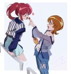  2girls :d aino_megumi blue_pants blue_skirt border brown_eyes brown_hair closed_eyes collarbone feeding floating_hair grey_background happinesscharge_precure! highres jacket leaning_back long_hair long_sleeves miniskirt multiple_girls oomori_yuuko open_mouth pants ponytail precure profile red_hair shipu_(gassyumaron) shirt short_hair skirt sleeveless sleeveless_shirt smile striped striped_jacket white_border white_shirt 