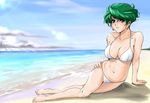  aya_kobayashi bad_feet bad_leg barefoot beach bikini day feet green_hair lips ocean shiny shiny_skin short_hair shu-z solo super_robot_wars swimsuit 