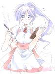  apron blue_eyes blue_hair clipboard flying_sweatdrops long_hair mizuki_toko original pen ponytail solo waitress 
