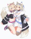  2girls absurdres animal_ear_fluff animal_ears bandaid bandaid_hair_ornament belt belt_collar black_collar blonde_hair blue_eyes blue_hair breasts collar colored_inner_animal_ears dog_ears dog_girl dog_tail fur-trimmed_jacket fur_trim fuwawa_abyssgard hair_ornament headband headphones headphones_around_neck highres hololive hololive_english jacket long_hair looking_at_viewer medium_breasts mococo_abyssgard multicolored_hair multiple_girls open_mouth pink_belt pink_eyes pink_hair pink_headband sasaki_ikuya siblings simple_background sisters smile streaked_hair tail twins virtual_youtuber white_background x_hair_ornament 