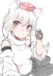  1girl animal_ear_fluff animal_ears black_gloves black_skirt blush commentary_request detached_sleeves fingerless_gloves gloves highres inubashiri_momiji looking_at_viewer pom_pom_(clothes) red_eyes shirt simple_background skirt solo tail touhou white_background white_shirt wolf_ears wolf_girl wolf_tail yoyoiro_(sysi20) 