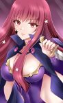  1girl breasts clothing_cutout commentary_request covered_navel facial_mark fire_emblem fire_emblem_engage highres holding holding_knife holding_weapon kirishima_riona knife large_breasts long_hair looking_at_viewer red_eyes red_hair reverse_grip solo star_(symbol) stomach_cutout upper_body very_long_hair weapon yunaka_(fire_emblem) 